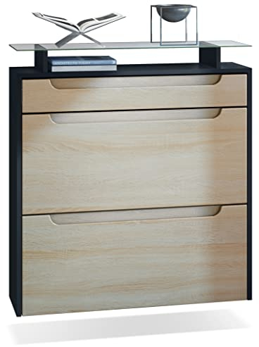 Vladon Schuhschrank Annie, Schuhkipper für 16 Paar Schuhe mit 2 Klappen, 1 Schublade und Glasablage, Schwarz matt/Eiche sägerau, Griffmulden in Eiche sägerau (89 x 95,5 x 23 cm)