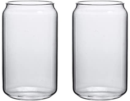 XHONG Lot de 2 verres en forme de canette de bière, verres à bière glacé avec couvercles en bambou et paille en verre, adaptés pour jus, bière, soda, boissons glacées et cocktails transparents