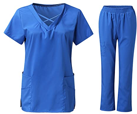 thuthu Damen 2-Teiliges Set Einfarbig Kurzarm Casual V-Ausschnitt Top Und Hose Mit Taschen Pflege Kasack Und Hosen Pflegeuniform Arbeitsuniform Set Berufsbekleidung Kasacks Set