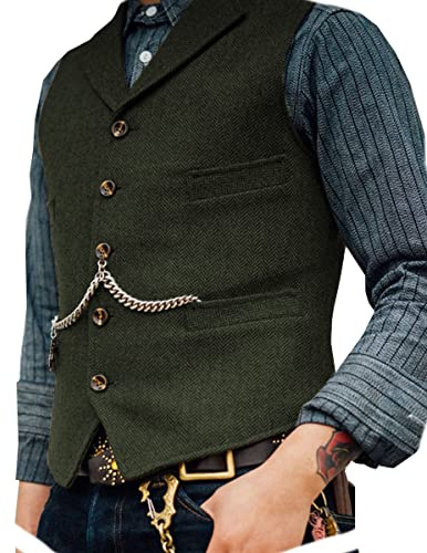 AeoTeokey Classic Mens Wool Tweed Suit Vest Casual Sleeveless Jacket Herringbone Waistcoat for Tuxedos(XL,Army Green)