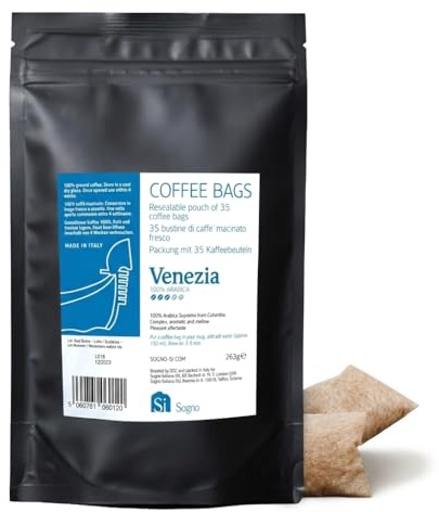 Si Sogno VENEZIA Freshly Ground Coffee Bags, Italian Artisanal Coffee, 100% Colombian Arabica, Smooth & Mellow, Low Caffeine (Resealable Pouch of 35 Eco-Friendly Coffee Bags)