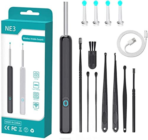 Ear Wax Removal, Ear Cleaner with Camera, USB 1080p Hd Load Otoscope, Smart Wi -Fi Visible Wax Elimination Spoon, Visible Luminous Ear Pick, Ear Wax Removal Kit for Phones (Black+8Pcs Ear Wax Spoon)
