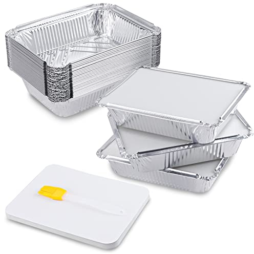 HMIEPRS 30 Piezas Bandejas de Papel Aluminio con Tapa, Bandejas de Aluminio Desechables con Cepillo de Silicona, Bandejas de Goteo Aluminio para Barbacoa, Hornear, Cocinar, Almacenar y Congelar