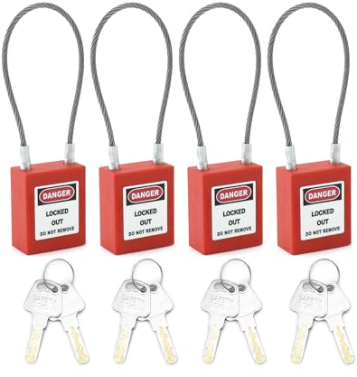 QWORK 4 Pack Lockout Tagout Steel Cable Locks with 8 Keys, Compact Cable Padlock, Red Keyed Different Electrical Lockout Padlock Set