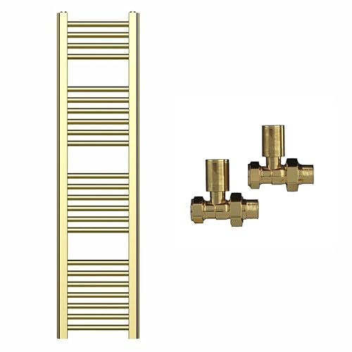 300mm Wide Gold Heated Bathroom Towel Rail Radiator, 300 x 1200 mm | With Valves, For Central Heating, UK