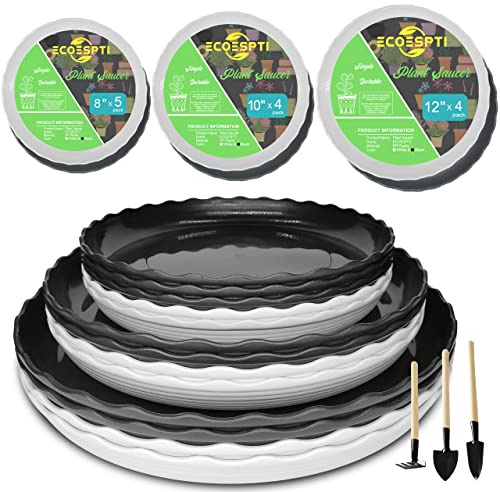 ECOESPTI 13 Pack Plant Saucer, 8 10 12 Inch Durable Plastic Plant Trays for Pots, White & Black Round Plant Pot Saucers, Drip Tray for Indoor and Outdoor Garden (for 5 6 7 8 9 10 Inch Pot)