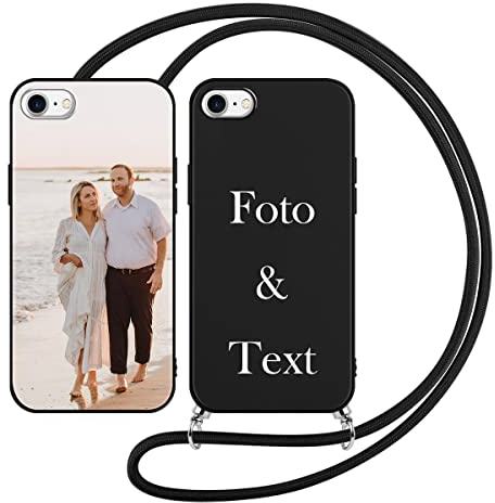 Yoedge Handykette Personalisierte Handyhülle für iPhone 8/7 / SE 2022 / SE 2020 Hülle mit Band Kordel 4,7,Selbst Gestalten Foto Bild Text Individuelle Schutzhülle Schwarz Cover für iPhone SE 3 Case