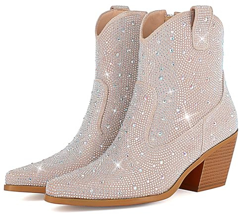 FIFSY Women Rhinestone Cowboy Boots Glitter Chunky Heel Sparkly Cowgirl Ankle Boots