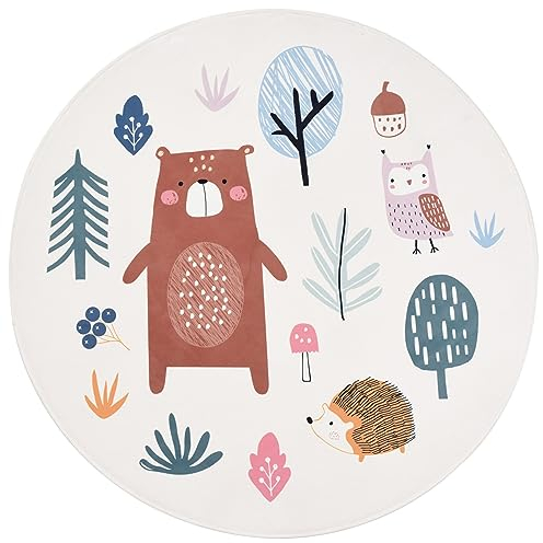 Primaflor - Ideen in Textil Moderner Kinderteppich ZAUBERWALD - Bär, Rund 100 cm Durchmesser, Weicher Spielteppich, Rutschhemmende Ultra Softe Spiel- und Krabbelmatte für Baby- und Kinderzimmer