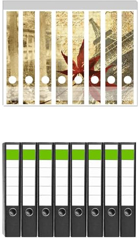 Wallario 8 Stück schmale Ordner inkl. Klebeetiketten mit Motiv Paris Design - Eiffelturm im Herbst - Set mit Rückenschildern/Ordnerrücken Stickern