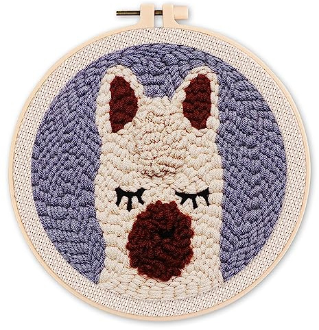Figured'Art Punch Needle Set für Erwachsene - Stickerei, ideal für Anfänger - Kleines Lama - 20x20cm mit rundem Rahmen