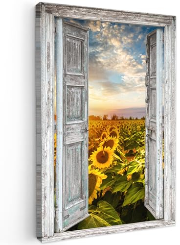 MuchoWow© Wandbilder 60x90 cm Schlafzimmer Home Deko Wohnung Bild Wohnzimmer Fotoleinwand Wand Bilder Leinwand Wall Decor Fensterblick - Sonnenblume - Blumen - Sonne