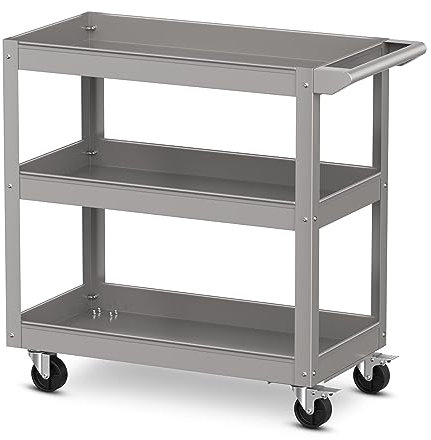 TANGZON 2/3-Tier Rolling Tool Cart, Utility Service Cart with Towel Rack Handle & Wheels, Heavy-duty Steel Mobile Tool Storage Garage Trolley Shelves (3 Tier, 79x38x76cm, Grey)