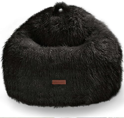 Green Bean Sitzsack in Felloptik mit Füllmaterial (EPS Perlen) - Maße ca 90 x 90 cm - Bean Bag Sitzkissen Sitzpuff Sitzsessel Bodenkissen Lounge Schwarz