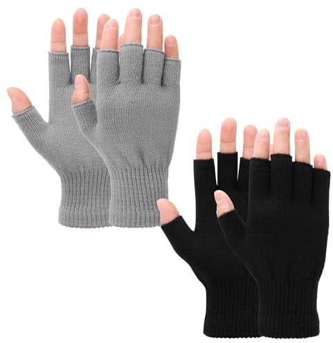 2 Pair Fingerless Cashmere Warm Gloves - Thickened, Knit, Touchscreen, Stretchy Mittens for Men & Women - Black + Grey