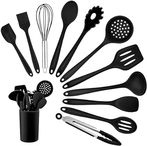Efforias Black Kitchen Utensil Set, 12 Piece Cooking Utensils, Silicone Utensils Set with Holder, Heat Resistant Tools Include Spoons Turner Spatula Ladle Tong for Non-Stick Cookware