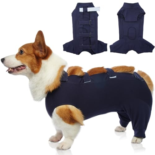 IECOii Wundschutzanzüge für Hunde Nach Op mit Bein,Langärmel Hundebody Nach Op,Op Body Hund Kastration HüNdineinstellbar Recovery Suit FüR Kleine Hunde,FüR Bauchwunden Hinterbeine Leckschutz,Blau,S