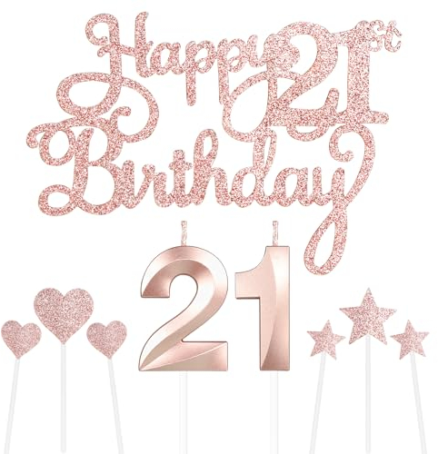 Personalised Rose Gold Happy 21st Birthday Cake Topper with Number 21 Birthday Candles Star Cupcake Toppers Cake Decorations Set - (Set 9)