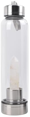 Queemie Clair Quartz Cristal Eau Bouteille, Acier Inoxydable Verre Blanc Pierre Précieuse Obélisque Baguette Énergie Coupe Sport Tasse, Naturel Bien-être Guérison 550ml