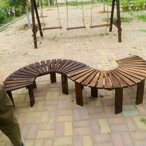 Baumbank Halbrunde Bank im Freien, Gebogene Bänke aus Massivem Holz, Halbkreisförmige Sitzgelegenheiten um Den Baum Herum, Garten/Terrasse/Park/Rasen Naturmöbel Sitzplatz