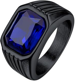 Bestyle Herren-Ring Mit Stein - Retro 10 * 12mm Quadrat Schliff Edelstein Blauer Saphir Band für Männer, Gothic Siegelring, Schwarz, Größe 72
