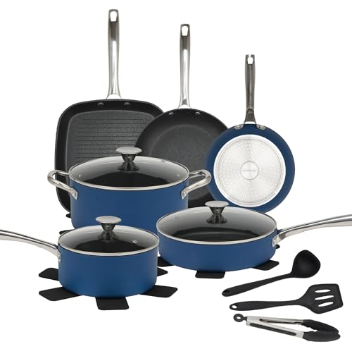 HAFMOOBEY Juego de ollas y sartenes antiadherentes, 18 piezas de utensilios de cocina de inducción azul y negro con sartenes, cacerola y ollas de cocina