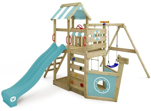 WICKEY Spielturm Klettergerüst SeaFlyer mit Schaukel & pastellblauer Rutsche, Outdoor Kinder Kletterturm mit Sandkasten, Leiter & Spiel-Zubehör für den Garten