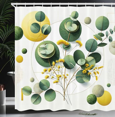 ABAKUHAUS Eukalyptusblätter Duschvorhang, Blattdesign im Mid Century Modern Boho Geometrie Look, Stoffliches Gewebe Badezimmerdekorationsset mit Haken, 175 x 200 cm, Farngrün Gelb Weiß