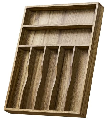 Kiasthome Acacia Wood Silverware Drawer Organizer, Kitchen Utensil Cutlery Drawer Organizer with Grooved Dividers, Flatware Organizer Silverware Tray Holder for Spoon, Fork, 13''x16.9'' (7 Slots)