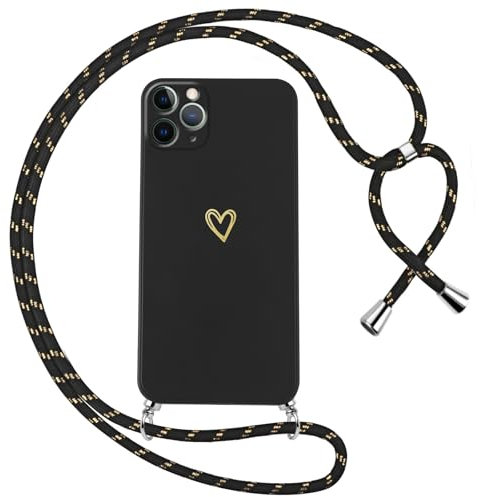 Oelrstfe Handyband für iPhone 11 Pro Hülle mit Band Herz Motiv Handyhülle für zum Umhängen Silikon Stoßfest Ultra Dünn Weich Schutzhülle mit Kordel Necklace Kette Love Muster Case,Schwarz