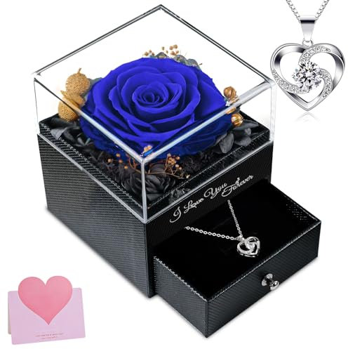 skelo Rose réelle éternelle avec Collier, Cadeau pour Les Femmes, Anniversaire, Boîte de Roses Infinity en Fleurs, boîte Cadeau de Bijoux, Cadeaux pour Maman, Amie, épouse, Grand-mère, Bleu
