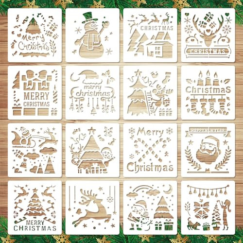 Lot de 16 Pochoirs de Noël Réutilisables, Motif Rectangulaire pour Peinture de Noël pour Loisirs Créatifs Tissu Cartes Murales Scrapbooking