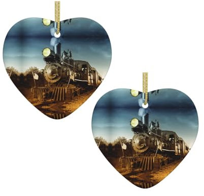 Weihnachtsdekoration mit Zug und Eisenbahn, personalisierbar, herzförmig, Keramik, Weihnachtsdekoration