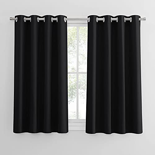 PONY DANCE Rideaux Occultants - Draperies Courts à Oeillets Isolant Thermique Anti Froid Panneaux Polyester Eviter Regards Direct pour Chambre, L 132 x H 150 cm, Noir, Lot de 2