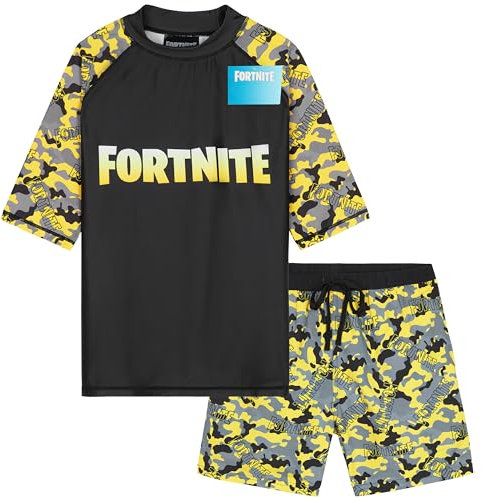 Get Trend Fortnite Swimsuit Set for Boys Teenagers 2 Pcs with Swimming Trunks Boys Gamer Rash Vest for Swimming Beach Trip Holiday Essentials (11-12 Years, Yellow Fortnite)