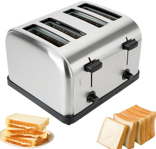 Tostadora Comercial De 4 Rebanadas, Tostadora Eléctrica con Botón De Apagado/cancelación Automático Y Bandeja para Migas De Extracción, Ajuste De Potencia De Fuego De 6, Ranuras Extra Anchas para Uso