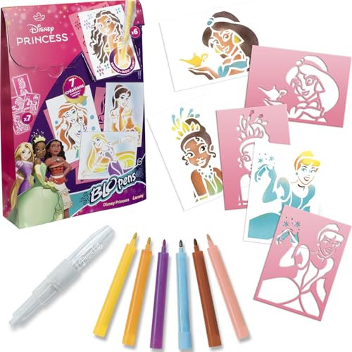 Lansay - BLOPENS Disney Princesses -Set Zeichnungen & Ausmalbilder für Kinder ab 5 Jahren - 6 Blopens Pusted Coloriage Filzstifte + 7 Wiederverwendbare Schablonen - Manuelle Aktivität