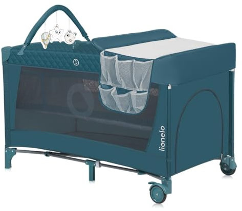 Lionelo Flower 4in1 Reisebett Baby, Laufstall Baby mit Seiteneingang, Wickeltisch, Zwei Matratzenaufhängungshöhen, Spielzeugbogen mit Spielfiguren, Rollen, Tragetasche