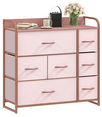 DWVO Commode en Tissu avec 7 tiroirs, Commode pour Chambre à Coucher, Salon avec poignées, Dessus en Bois et Cadre en Acier Robuste, Rose