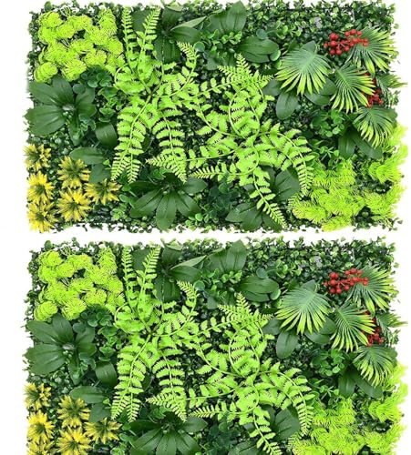 KTCINA 2 pannelli da parete artificiali per piante e fiori, 60 x 40 cm, pannelli da parete verdi artificiali, recinzione per la privacy, erba da parete, recinzione, sfondo primaverile, per interni ed