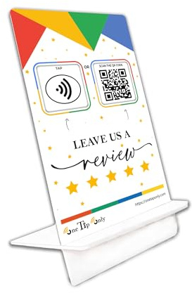 NFC Review Tap Stand – Smart Social Media & Business Card Alternative – NFC Tag & QR Code – Compatible with Google Review System, For all smart phones – Boost SEO, Engagement & Visibility