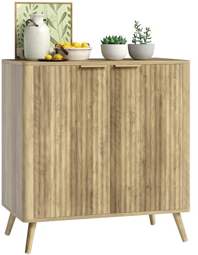 HOMCOM Buffet Salon Meuble de Rangement cannelé Style Moderne avec Placard à 2 Portes et étagère réglable - Buffet Salle à Manger et Salon, 77 x 40 x 81 cm, chêne