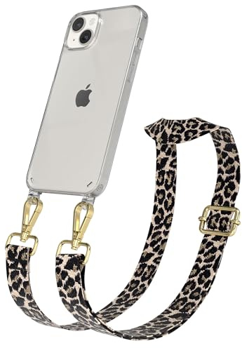EAZY CASE Handykette - Verstellbares Taschenband kompatibel mit iPhone 14 Plus, Schulterriemen, Handykordel mit Silikon Hülle, Umhängetasche, Leo - Schwarz Beige Gold