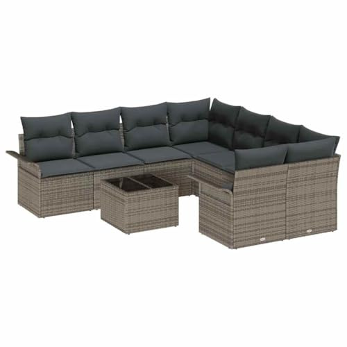 vidaXL Gartensofa-Set mit Kissen mit Speicher 9 pcs Grau Poly-Rattan, Modernes Lounge-Set für Garten und Terrasse, leicht, UV-beständig, stilvolle Sitzmöbel für draußen