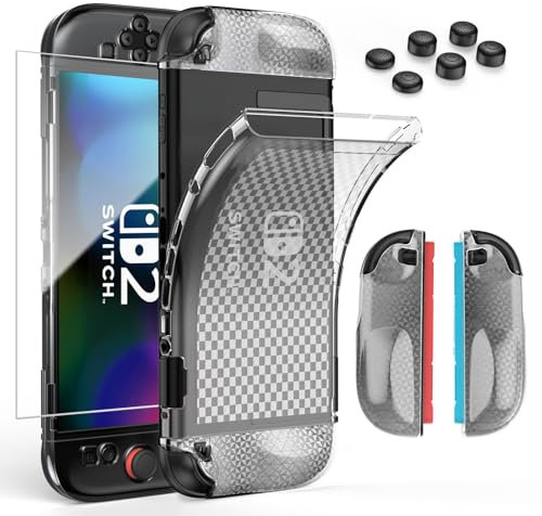 HEYSTOP Switch 2 Custodia per Nintendo Switch 2 Clear Soft TPU Cover Protettiva per Nintendo Switch 2 Grip con Una Protezione per Lo Schermo in Vetro Temperato Switch 2 e 6 Cappucci per Levette
