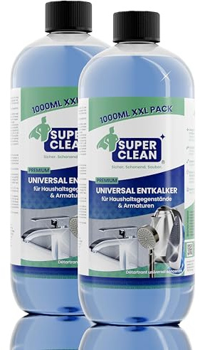 SUPER CLEAN Universal Entkalker flüssig | Hochkonzentriert & Vielseitig | 2 × 1 L | Für Wasserkocher, Armaturen, Dusche, Duschkopf, Bad & Küche | Materialschonend & effektiv