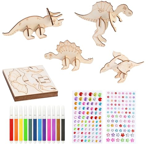 12 Stück Dinosaurier Holz Bastelset für Kinder, 3D-Puzzle bastelset Mädchen Jungen, DIY Dino drachen Handgemalt bastelset kindergeburtstag basteln mit aufklebern