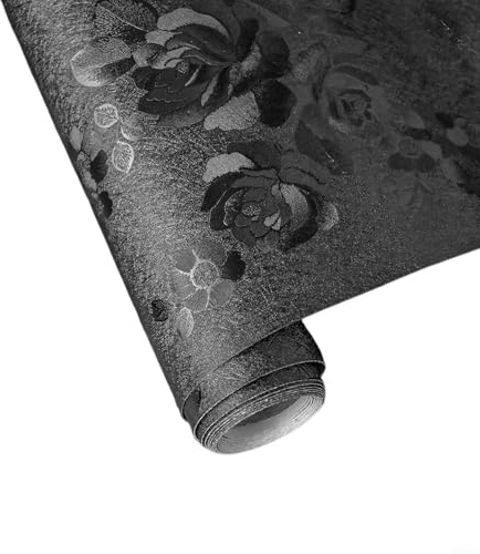 Black Floral Wallpaper 45cm Width by 10m Roll, Removable and Easy to Install Peel and Design, Waterproof Wall Covering for Living Room Bedroom or Kitchen Home Décor(45cm*1m)
