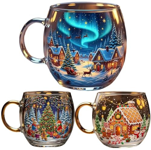 Weihnachtlich Bemalte Glastasse, 3er-Pack, Weihnachtliche Weingläser, Transparent Bemalte Kaffeetasse, 300 Ml, Festliche Trinkgläser Für Heiße Schokolade, Tassen-Set Mit