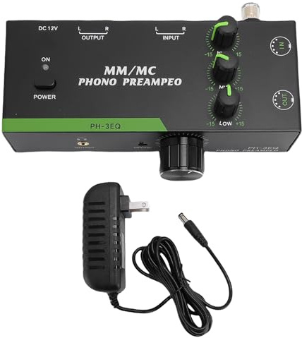 BONKZEBU Phono-Vorverstärker, HiFi-Vorverstärker mit 3-Band-EQ für MM MC-Tonabnehmer, Unterstützt 3,5-mm-Kopfhörerausgang, 5-poliger XLR-Eingang, Geräuscharmes Design für Pla (EU-Stecker)